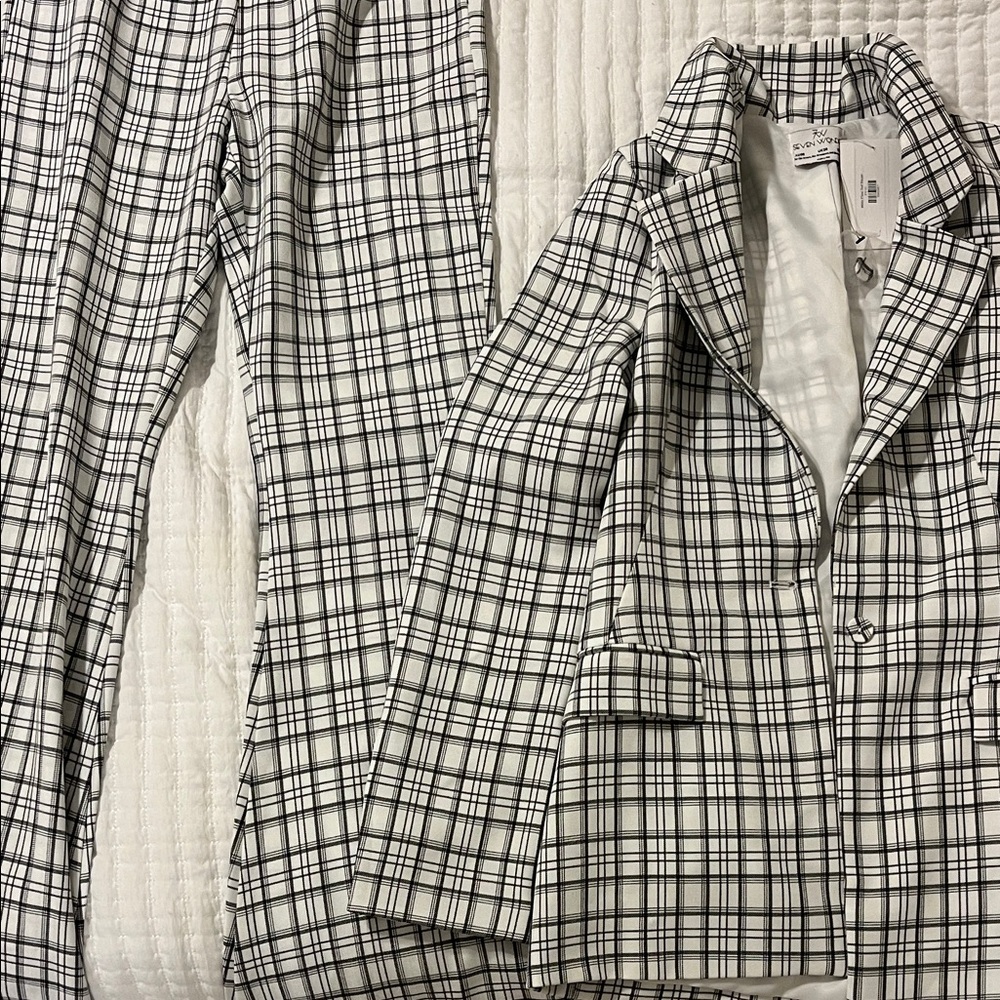 Black and White Plaid Blazer and Pants Set